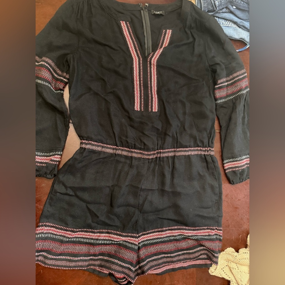Black Long Sleeve Romper with Red and White Accents